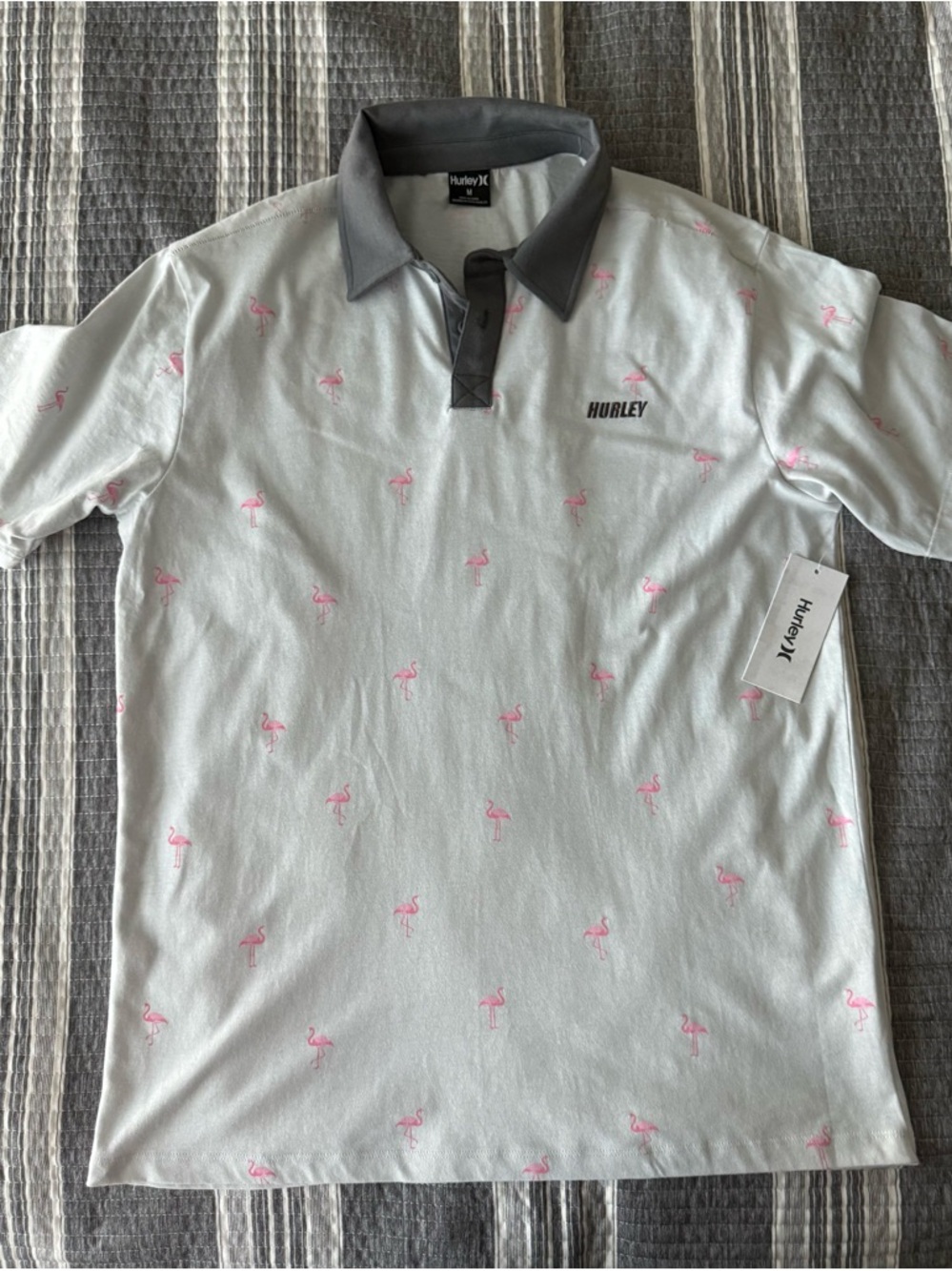 Hurley Light Gray Polo with Pink Flamingo Motif and Dark Gray Collar